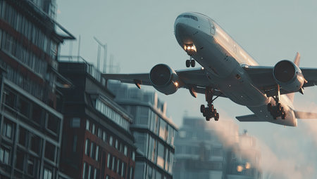 An airplane is ascending above a cityscape during twilight. The image highlights the aircraft with its wings and engines. Buildings with windows and architectural details are visible. The scene suggests travel, transportation, and exploration. Suitable for commercial applications such as advertising and promotional content.の素材