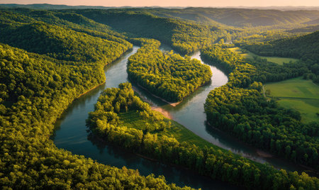 An aerial perspective showcases a river meandering through vibrant green hills and valleys, illuminated by soft sunlight. The composition emphasizes the natural patterns formed by the waterway and surrounding vegetation. This image could be suitable for environmental, travel, or landscape-themed projects.の素材
