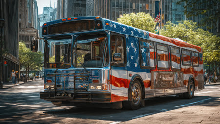 A bus decorated with American flag imagery is shown in an urban setting. The vehicle is presented from a side perspective, showcasing the red, white, and blue design. The image captures sunlight effects, and a composition suggesting motion. Suitable for various editorial and commercial applications related to transportation and patriotism.の素材