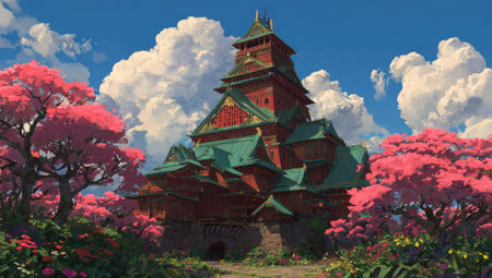 An illustration depicts a traditional wooden tower surrounded by vibrant pink cherry blossom trees. The scene is set against a backdrop of a bright blue sky with fluffy white clouds. The artwork showcases a digital painting style, with detailed textures and lighting suggesting a sunny day. It is suitable for various commercial applications, including editorial and design projects.の素材