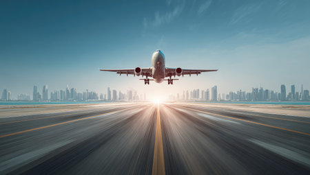 An airplane takes off from an airport runway, with the city skyline visible in the distance. The image features motion blur, creating a sense of speed and movement, and the colors are dominated by warm tones suggesting a sunrise or sunset setting. The photograph could be used for travel, transportation, or business-related themes.の素材