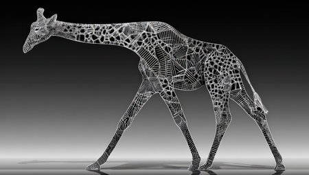 A grayscale illustration features a giraffe rendered with a complex geometric pattern. The artwork employs a contrasting dark and light scheme to highlight the animal's form. The composition suggests an artistic, stylized interpretation suitable for diverse applications. The image can be used for design projects and commercial purposes.の素材