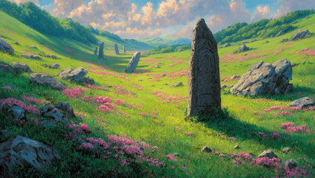 A landscape image showcases tall stone structures standing in a vibrant green meadow. The scene presents a soft, painterly style with lush textures and hues of green, pink, and blue. The composition, bathed in diffused light, evokes a sense of tranquility and mystery, suitable for various editorial and commercial applications.の素材