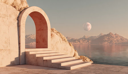 A digital rendering presents an arched doorway and steps leading toward a tranquil body of water. The scene incorporates soft, earthy tones with a minimalist aesthetic. Ambient lighting and muted colors contribute to the atmosphere. The composition could be useful for various conceptual or editorial projects.の素材