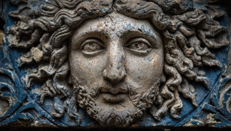 A close-up view presents an antique stone carving of a male face. The sculpture features textured hair and a detailed beard, with visible wear and tear. The color palette includes gray and blue tones, suggesting an outdoor setting. This image is suitable for various commercial or editorial applications.の素材