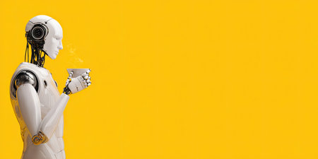 An AI robot is holding a cup, possibly enjoying a hot beverage. The image features a white robot against a vibrant yellow background. The composition highlights the robot with ample copy space. This image is suitable for various commercial uses, including advertisements, articles, or website content.の素材
