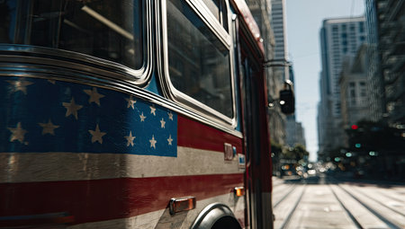 A classic bus features a painted American flag design, positioned on a city street. The scene showcases a sunny day with distinct architectural structures in the background. The visual composition uses selective focus, highlighting textures and colors, with possible commercial or editorial application.の素材
