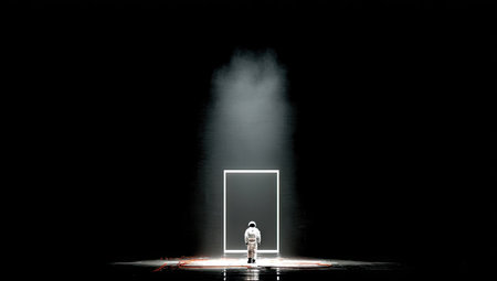 An astronaut figure stands before a glowing rectangular portal in a dark setting. The monochromatic composition features strong directional lighting and a minimalist design. This conceptual artwork could be used for themes related to technology, exploration, or the unknown. Suitable for various creative and commercial projects.の素材