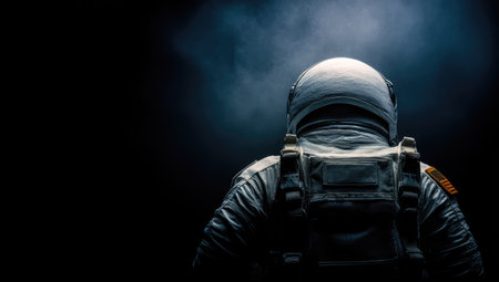 An astronaut wearing a spacesuit is depicted against a dark, atmospheric backdrop. The image utilizes dramatic lighting to highlight the suit's details and create an air of mystery. This visual is suitable for various commercial uses, including science, exploration, and technology projects.の素材