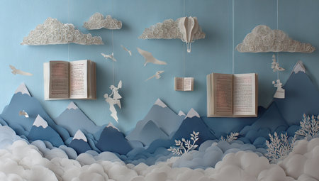 This image presents a handcrafted paper diorama featuring books, clouds, and mountain silhouettes. The composition utilizes varying shades of blue, white, and brown to create depth and texture. The style suggests an indoor setting with soft lighting. Potential applications include illustrations, book covers, and various creative projects.の素材