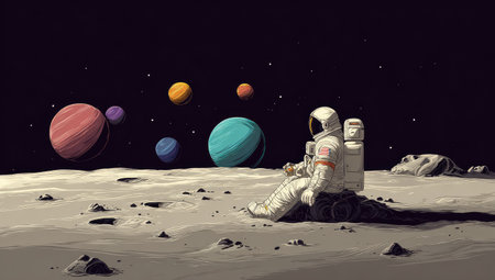 An astronaut is seated on a moon-like surface, gazing at a collection of vibrant planets in a cosmic panorama. The digital illustration features a cartoon style with bold colors, creating a sense of wonder. The composition implies an outer space setting, appropriate for commercial and editorial uses.の素材