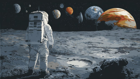 An astronaut, seen from behind, stands on a textured, grey, lunar-like surface, with an expansive view of planets against a dark, star-filled backdrop. The composition features a mix of cool and warm colors. The artwork could be used for educational materials, science fiction illustrations, or conceptual designs.の素材