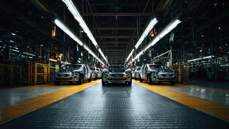 An assembly line showcases new vehicles in a factory setting. The composition features a symmetrical perspective emphasizing the cars in production. The scene is illuminated by overhead lights with a dark overall tone. This image is suitable for illustrating manufacturing, industrial processes, and technological advancements.の素材