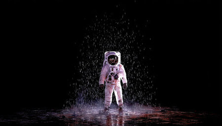 An astronaut wearing a white space suit stands prominently against a dark background, illuminated by dramatic lighting. The image showcases the textures of the suit and the surrounding environment, potentially a simulated space scene. Suitable for a variety of commercial and editorial purposes related to space exploration and adventure.の素材