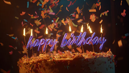 A birthday cake is illuminated by multiple lit candles. Colorful confetti floats above the cake, creating a celebratory atmosphere. The composition features a close-up perspective against a dark background, with warm lighting emphasizing the visual details. Suitable for commercial projects or editorial use.の素材