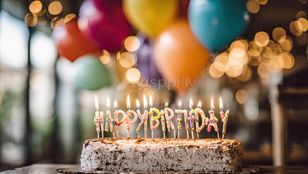 A birthday cake is the focal point, adorned with lit candles spelling out "Happy Birthday." Colorful balloons are blurred in the background. The scene showcases soft lighting, creating a warm, celebratory atmosphere. This image could be used for festive occasions or party themes.の素材