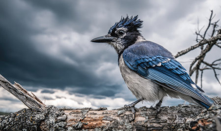 A detailed image features a blue jay perched on a textured branch, showcasing its vibrant blue, black, and white plumage. The bird is set against a backdrop of a cloudy, overcast sky, highlighting the natural textures and colors. This image is suitable for a variety of editorial and commercial applications.の素材