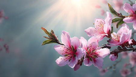 Soft focus image showcases vibrant pink peach blossoms against a blurred, muted background. Overhead sunlight streams through the flowers, emphasizing delicate petals and subtle textures. Ideal for use in promotional materials or editorial content, the image presents visual serenity with ample copy space.の素材