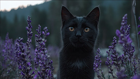 A black cat gazes directly at the viewer, surrounded by vibrant purple lavender blossoms. The composition utilizes shallow depth of field, emphasizing the feline subject. The soft focus background suggests an outdoor environment, perhaps a field during twilight hours. This image may be suitable for a variety of editorial or commercial purposes.の素材
