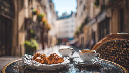 A close-up captures a breakfast setting featuring croissants and coffee cups arranged on a table. The scene shows natural sunlight illuminating the table. The image is likely used for commercial purposes such as advertising or editorial content. The composition presents a scene in a restaurant.の素材