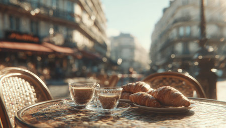 An outdoor table setting features coffee and croissants, bathed in sunlight. The image showcases a shallow depth of field, with soft focus on the background buildings and street. The scene evokes a sense of ease and relaxation, suitable for lifestyle and food-related projects.の素材