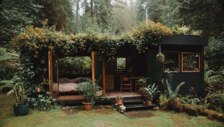 A cabin nestled amidst a dense forest setting. The building is enveloped by foliage, with a design that blends into the environment. The composition employs natural light, showcasing the wooden structure. Suitable for illustrating concepts of nature, seclusion, and retreat, for possible commercial use.の素材