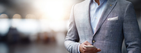 A well-dressed person, wearing a tailored gray suit and light blue shirt, is holding a mobile phone. The image has soft lighting and a shallow depth of field, suggesting an indoor setting. The composition emphasizes the business attire, suitable for various commercial uses related to professionalism and communication.の素材