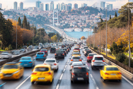 A long line of cars and trucks move on a multi-lane highway, with a large city skyline visible in the distance. The composition features a mix of vehicles, from yellow cabs to various cars, under a cloudy sky. This image may be suitable for transportation, urban development, or travel related projects.の素材