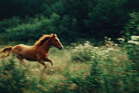 A brown horse is captured mid-stride, racing through a sunlit field. The image showcases a dynamic composition, with a shallow depth of field, highlighting the horse and surrounding greenery. The colors are natural, creating a sense of movement. Suitable for commercial projects or editorial use.の素材