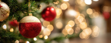 The image captures a detailed view of Christmas tree decorations, featuring red and gold ornaments. A blurred background adds depth to the festive scene, highlighted by bokeh lighting. This image could be used for holiday-themed advertising, greeting cards, or editorial content.の素材