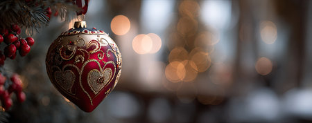 A detailed image showcases a festive Christmas ornament, featuring intricate red and gold patterns. The composition includes a blurred background with soft bokeh lights, suggesting an indoor setting. This image is suitable for various commercial uses, including holiday-themed advertising and editorial content.の素材
