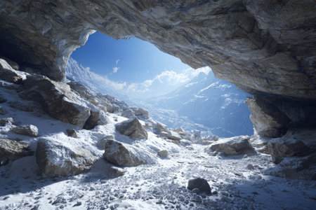 An image showcases a cave opening framing a bright blue sky, with sunlight streaming through. The foreground features textured, snow-covered rocks. The composition creates a sense of depth and a contrast between the dark interior and the illuminated exterior. This image can be useful for various commercial and editorial applications.の素材