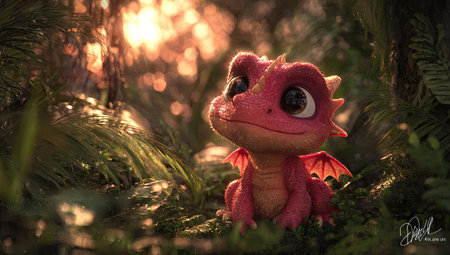 A whimsical illustration presents a small, red dragon amidst lush greenery, its features soft and inviting. The artwork showcases detailed textures, vivid colors, and a warm, atmospheric light that suggests a magical daytime setting. Suitable for various creative projects, including children's media and fantasy illustrations.の素材