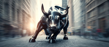 A bronze bull sculpture is depicted on a city street, exhibiting motion and strength. The artwork's dark metallic textures contrast with the blurred, neutral-toned background of buildings and pavement. The image suggests financial markets and business concepts, ideal for commercial or editorial applications related to finance.の素材
