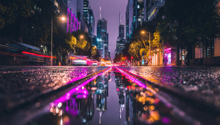 A wet street reflects colorful city lights at night. The composition features a symmetrical view of the road, leading the eye toward the distant buildings. Neon signs and street lamps illuminate the scene. Potential uses include editorial illustrations or backgrounds. The scene is likely urban and captures a modern environment.の素材