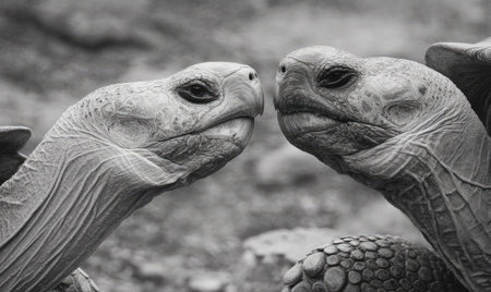 This black and white image presents two giant tortoises in close proximity, possibly interacting. The photograph emphasizes textures and details. The composition may be suitable for diverse editorial or commercial applications, including educational materials and environmental themes, such as conservation efforts.の素材