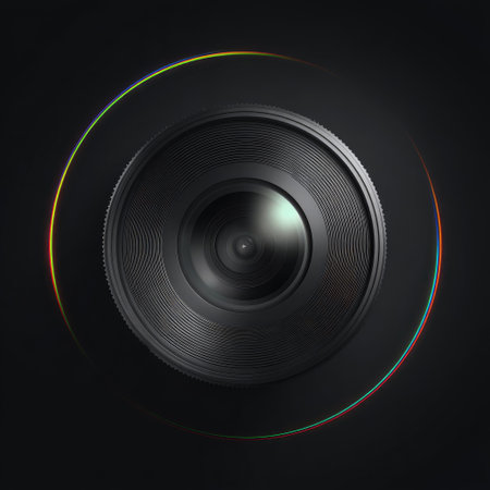 A detailed close-up presents a camera lens dominating a dark field. The lens features intricate mechanical detailing, with subtle reflections. A vibrant, curved light trail in multiple hues circles the lens. This image, rendered in a modern style, is suitable for technology, photography, or conceptual applications.の素材