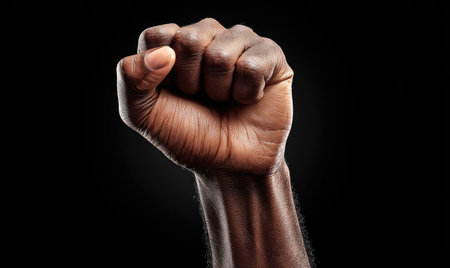A close-up shot presents a clenched fist raised against a deep black backdrop. The image showcases the skin's texture and form, emphasizing the gesture. The lighting is focused, casting shadows. The composition and style are suitable for a range of uses, including editorial and promotional content.の素材