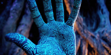 A detailed image focuses on a hand adorned with complex, glowing patterns, likely digital. The composition employs a shallow depth of field, with the hand and its design in sharp focus. The predominant color is blue, creating a cool, futuristic aesthetic. Suitable for illustrations, concepts, and design projects.の素材