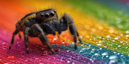 A close-up view presents a jumping spider against a vibrant, rainbow-colored background. The spider displays detailed textures and is depicted with a focus on its form. The scene's composition, use of vivid colors, and potential water droplets suggest a natural outdoor setting, suitable for various editorial and commercial applications.の素材