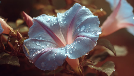 This close-up showcases a solitary blue flower, its petals adorned with glistening water droplets. The image highlights intricate textures and subtle color variations, from the soft blue of the flower to the pink accents. The composition suggests an outdoor setting, potentially a garden, suitable for various editorial and commercial applications.の素材