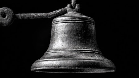 An aged metal bell is displayed against a dark backdrop. The bell's surface shows texture and age through its detailed appearance. The strong lighting emphasizes its three-dimensional form. This image could be suitable for various projects requiring visual elements such as communication, history, or design.の素材