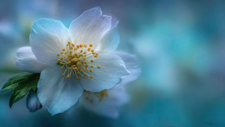 A close-up shot captures a pristine white flower with detailed petals, set against a soft, blurred turquoise background. The image showcases natural light, enhancing the flower's texture and form. This image is suitable for various commercial uses, including artistic designs, editorial content, or decorative purposes.の素材