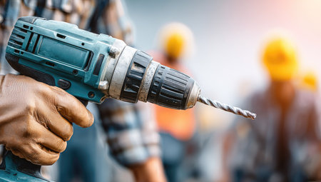 A close-up view presents a cordless drill held by a worker. The tool is rendered in a blue and black color scheme. Soft focus is used in the background with construction workers. This scene features natural lighting and may be suitable for illustrating construction or industry-related themes.の素材
