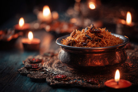 A close-up captures a metal bowl filled with cooked food, likely rice or grains. Soft candlelight illuminates the scene, casting warm tones and creating a bokeh effect in the background. The rich textures and colors suggest a carefully arranged presentation, suitable for culinary or editorial projects.の素材