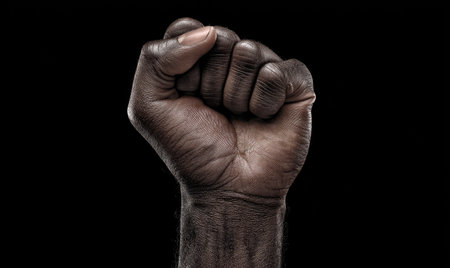A close-up captures a dark-skinned hand forming a fist, set against a stark black backdrop. The image emphasizes the hand's texture, with detailed skin and shadows. The composition and lighting create a sense of strength and determination, potentially suitable for editorial or promotional content.の素材