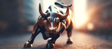 A bronze bull sculpture stands prominently in a street with a blurred urban background. The image showcases the sculpture's metallic texture and dynamic pose with dramatic lighting. Suitable for financial, business, and investment concepts, the image offers versatility for various commercial and editorial applications.の素材