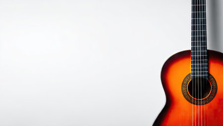 An acoustic guitar is featured prominently against a plain white backdrop. The instrument displays a warm color palette with shades of orange and brown. The composition is clean and simple, with the guitar's shape partially visible, suggesting music creation, and artistic expression. Suitable for commercial and editorial purposes.の素材
