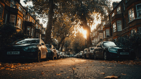 An image showcases parked cars lining a street with buildings visible in the background. The scene is illuminated by sunlight filtering through trees, creating shadows and highlights. The composition suggests an urban or suburban environment. It's suitable for various commercial uses, including website design or editorial content.の素材