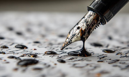 A close-up captures a fountain pen dispensing dark ink onto a textured surface. The image highlights the pen's intricate design and the ink's flow, creating a pattern. The lighting illuminates the details, suggesting an indoor setting. Suitable for various editorial or commercial projects related to writing, creativity, or design.の素材